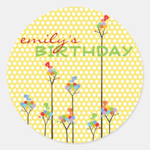 Colour Dot Trees Cute Birds Children Birthday Part Classic Round Sticker