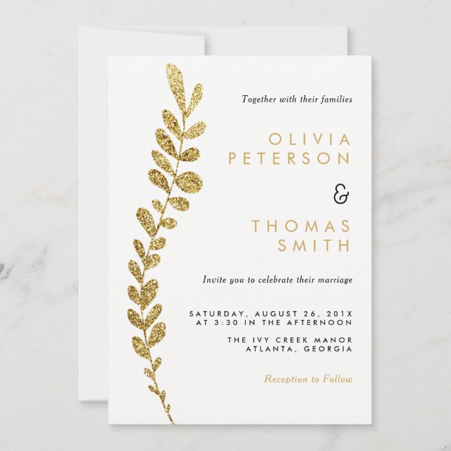 Colour Editable Faux Gold Leaf Wedding Invitation (Front)
