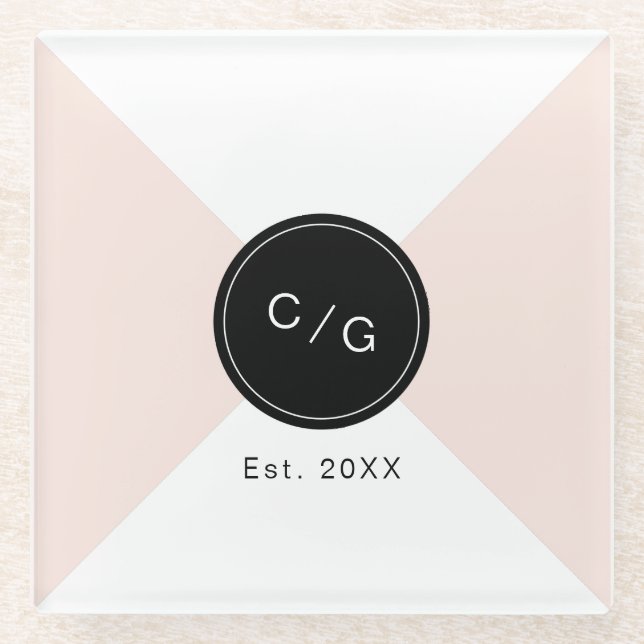 Colour editable minimalist modern wedding monogram glass coaster (Front)