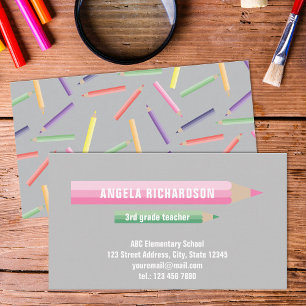 Colour Editable Pencils on Grey Elementary Teacher Business Card