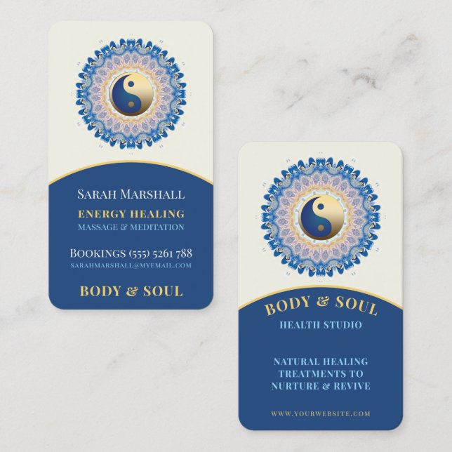 Colour Energy Healing Blue Cream Gold Yin Yang Business Card (Front/Back)