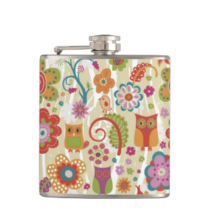 Colour Floral and Owl Hip Flask