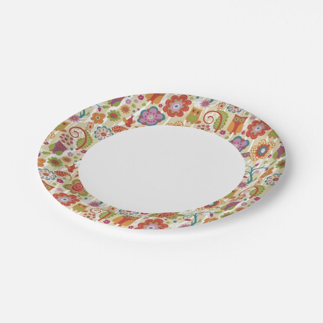 Colour Floral and Owl Paper Plate (Angled)