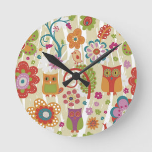 Colour Floral and Owl Round Clock