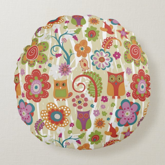 Colour Floral and Owl Round Cushion (Front)