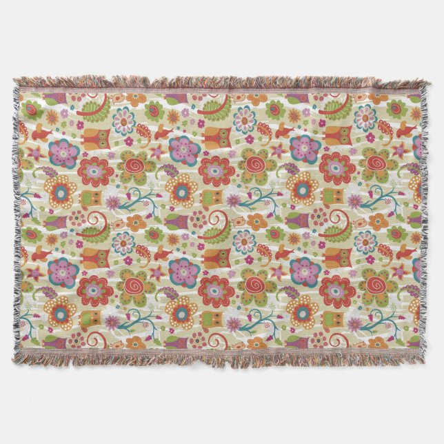 Colour Floral and Owl Throw Blanket (Front)