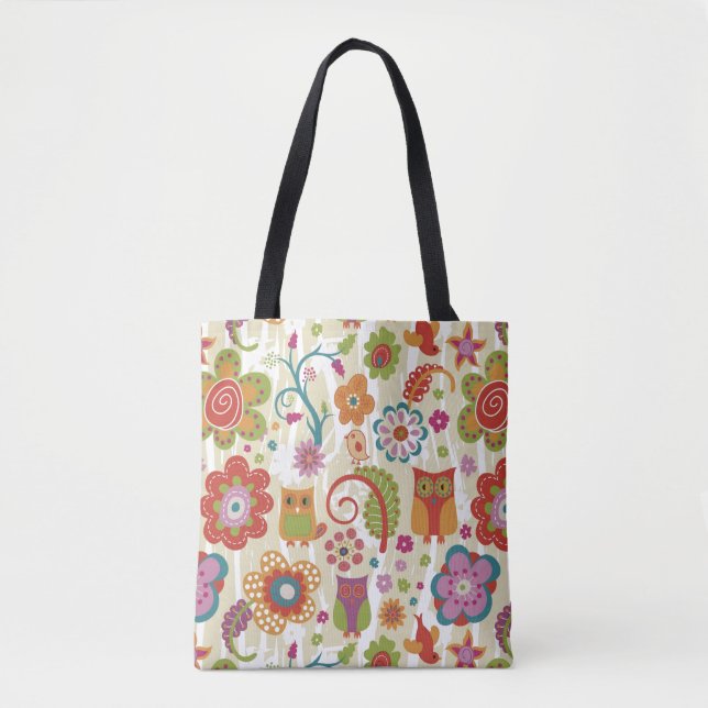 Colour Floral and Owl Tote Bag (Front)