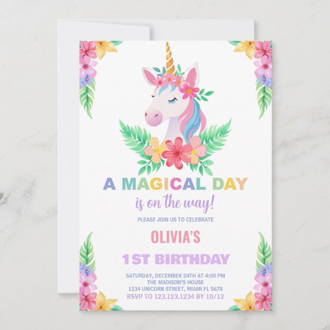 Colour Floral Unicorn Birthday Invitations (Front)