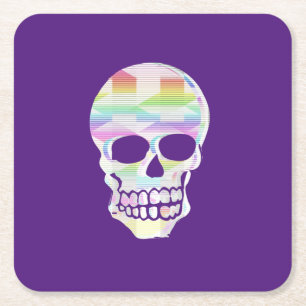 Colour Glitch Skull Square Paper Coaster