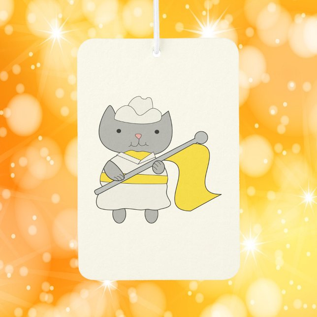 Colour Guard Grey Cat Yellow White Car Air Freshener (An air freshener featuring a gray cat in a yellow and white color guard uniform.)