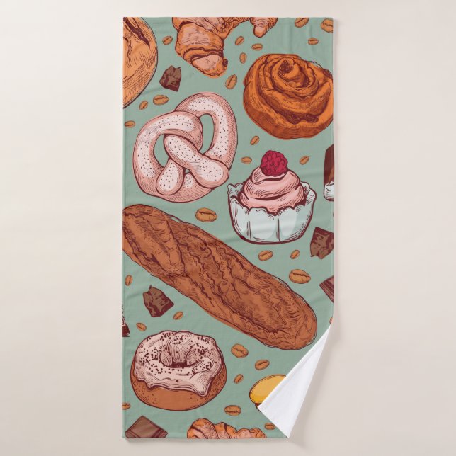 Colour hand drawn sketch style bakery patten. Diff Bath Towel (Bath Towel)