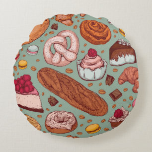 Colour hand drawn sketch style bakery patten. Diff Round Cushion