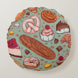 Colour hand drawn sketch style bakery patten. Diff Round Cushion