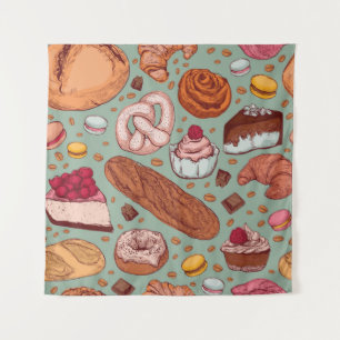 Colour hand drawn sketch style bakery patten. Diff Tapestry