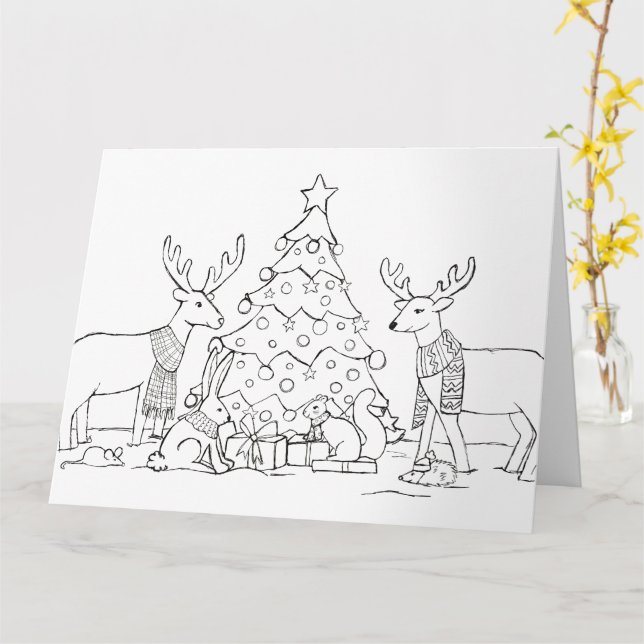 Colour in Animal Christmas Card (Yellow Flower)