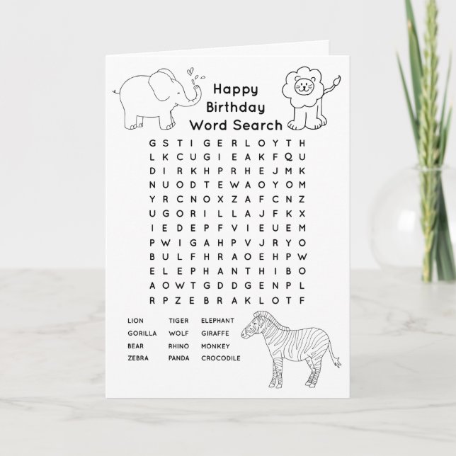 Colour in Animal Word Search Birthday Card (Front)