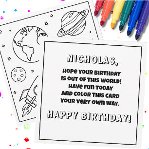 Colour It! Space Rocket Custom Name Kid's Birthday Card