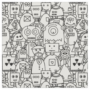 Colour it yourself Cute robots on white Fabric