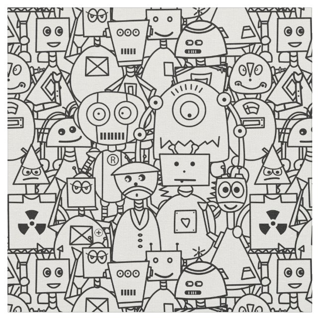 Colour it yourself Cute robots on  white Fabric (Close Up)