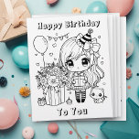 Colour Me Anime Girl's Birthday Flyer<br><div class="desc">Cute little birthday girl with her balloons,  kitten and gifts. Black and white simple and easy colouring page for kids at a birthday party or just for fun. You can buy these in bulk. Great for teachers,  pre-schools or birthday parties!</div>