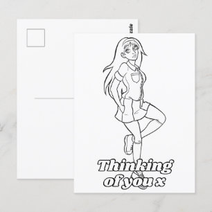 Colour Me In Activity Anime Cartoon Teen Schoolgir Postcard