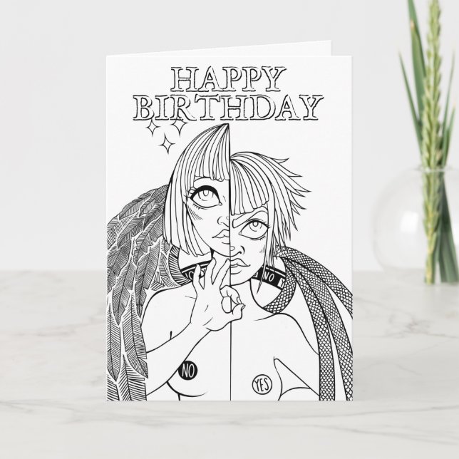 Colour Me In Gemini Angel Demon Anime Birthday Card (Front)