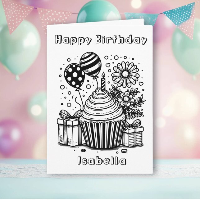 Colour Me Page Cupcake and Flowers Girl's Birthday Card (Creator Uploaded)