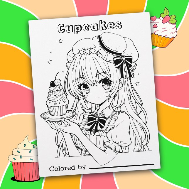 Colour Me Page for Kids | Cupcakes and Anime Girl (Creator Uploaded)