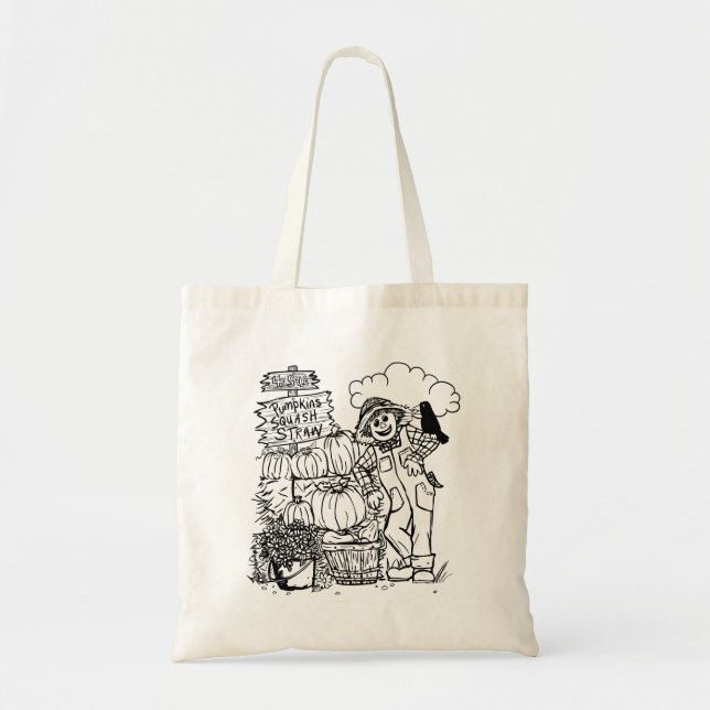 Colour Me Scarecrow and Crow Selling Pumpkins Tote Bag (Front)