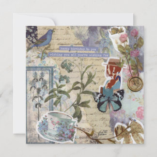 Colour Pale Blue Floral Birthday Flat Greeting Car