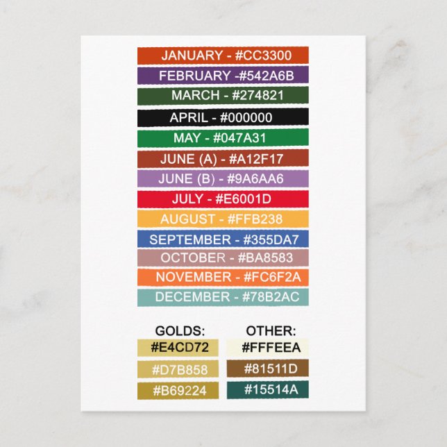 Colour Palette for Birthstone Crosses Postcard (Front)