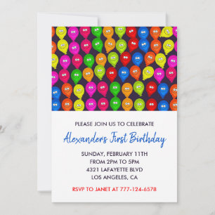 Colour party invitations 1st boy balloons monster