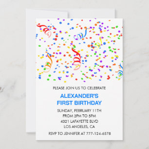 Colour party invitations blue boy confetti rainbow