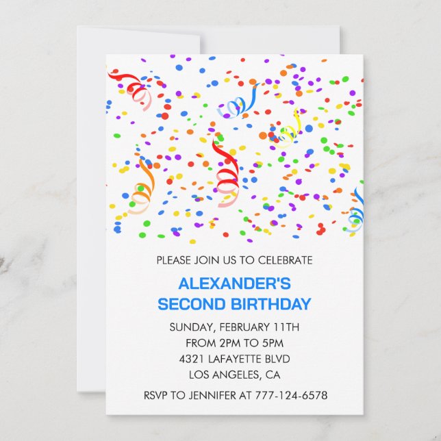 Colour party invitations blue boy confetti rainbow (Front)