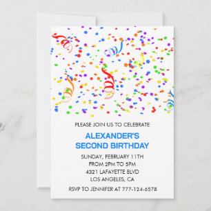 Colour party invitations blue boy confetti rainbow