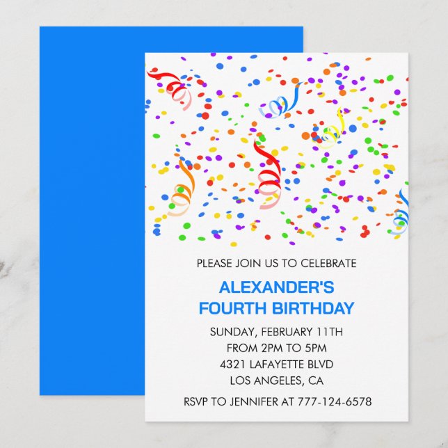 Colour party invitations blue boy confetti rainbow (Front/Back)