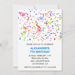 Colour party invitations blue boy confetti rainbow