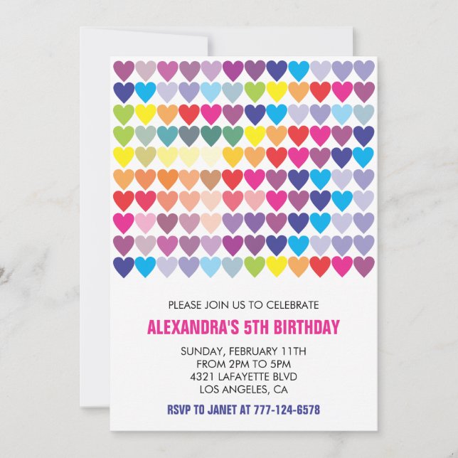 Colour party invitations Rainbow Heart Modern 5th (Front)