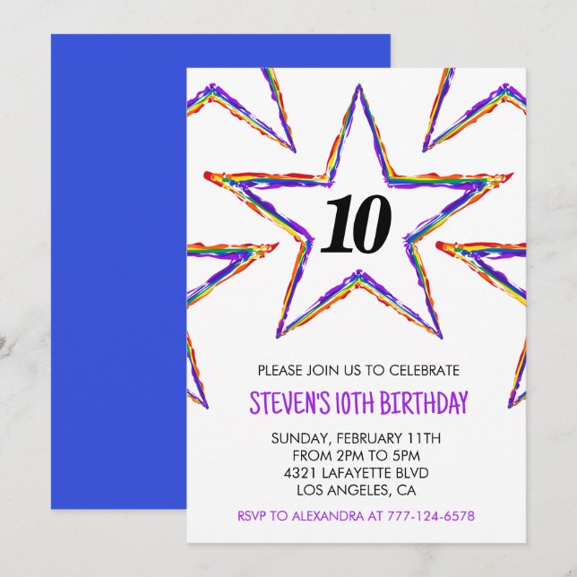 Colour party invitations Stars Rainbow primary kid (Front/Back)