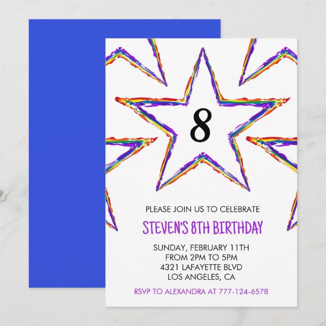 Colour party invitations Stars Rainbow primary kid (Front/Back)