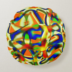 Colour patches on curved beige strips round cushion