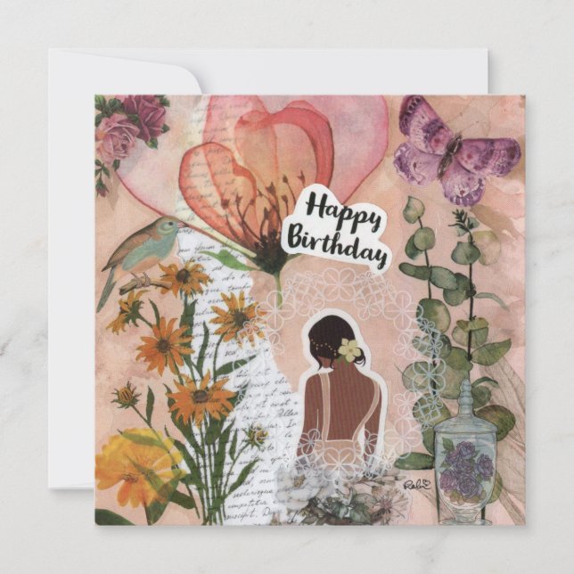 Colour Peach Floral Birthday Flat Greeting Card (Front)