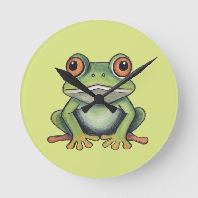 Colour Pencil Drawing Frog Round Clock (Front)