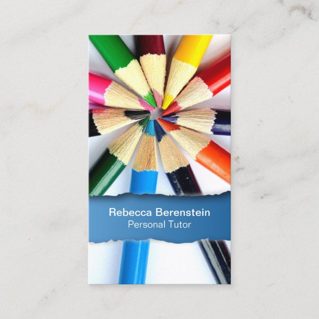 Colour Pencil Tutor Ripped Blue Business Card (Front)