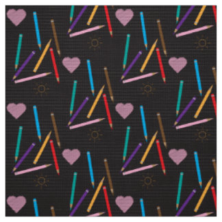 Colour Pencils Doodle Pattern Black Fabric