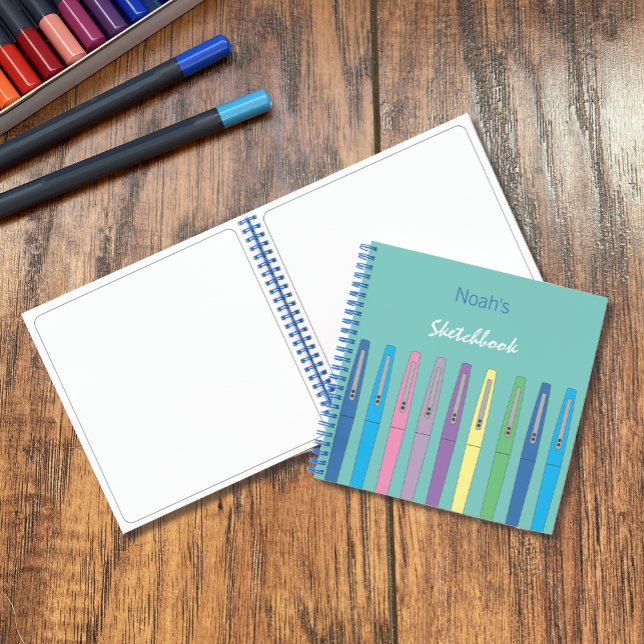 Colour Pens Personalised Kid Teal Sketchbook  Notebook (Creator Uploaded)