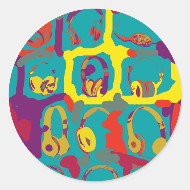 colour pop art dj headphones classic round sticker (Front)