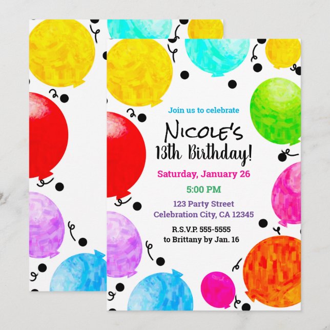 Colour Pop Fun Party Balloons Birthday Celebration Invitation (Front/Back)