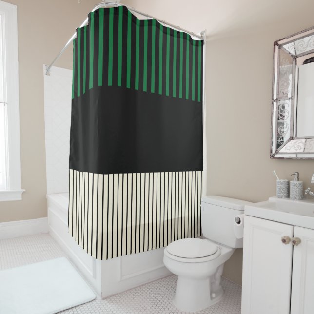 Colour Pop Stripes - Green, Cream and Black Shower Curtain (In Situ)
