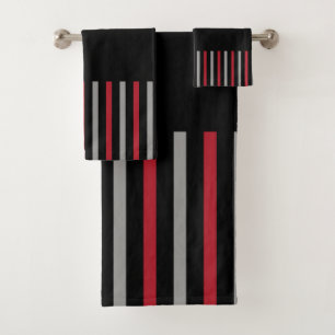 Colour Pop Stripes-Red, Grey, Black and Bone White Bath Towel Set